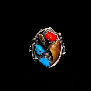 Antique stunning Ring  Native American Navajo Sterling Silver Turquoise & Coral
